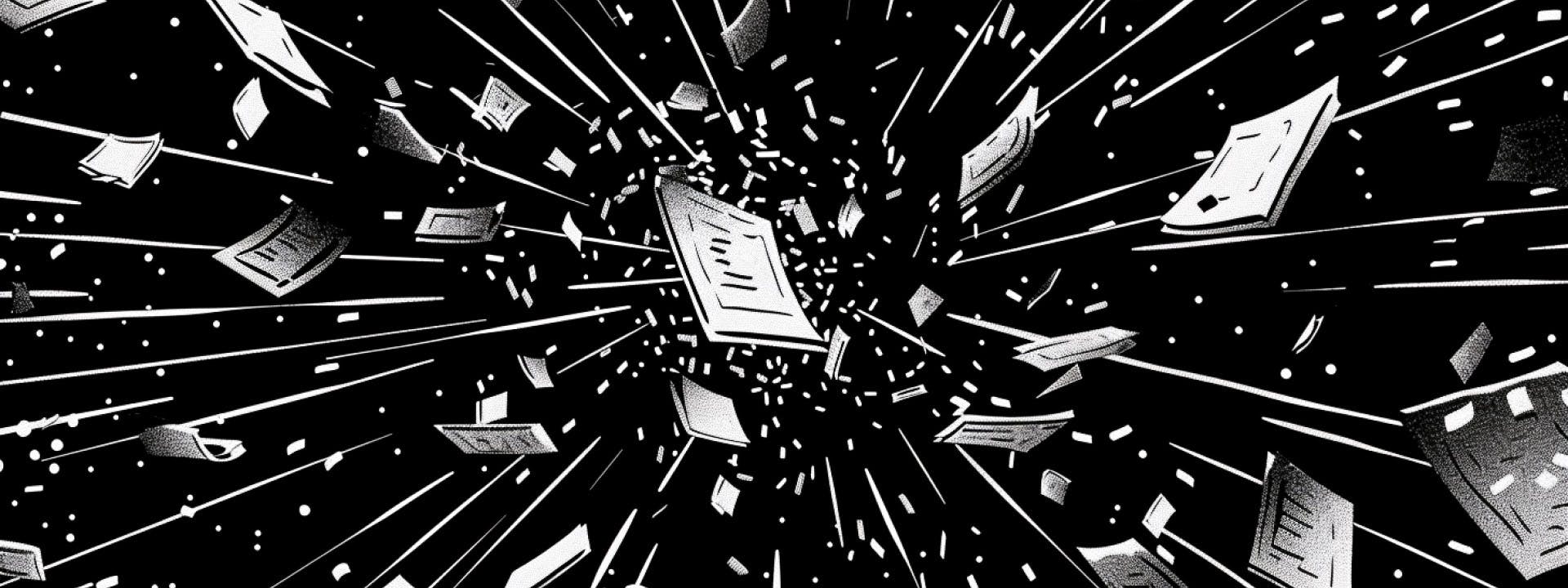 Illustration of an exploding book, symbolizing the complexity of information users navigate and the importance of clear design in user experience
